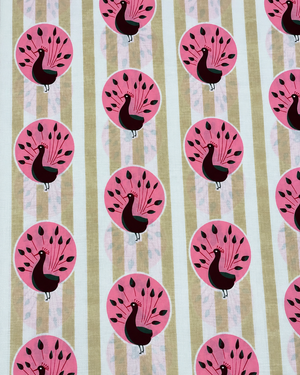 Beautiful pink peacock bird print on neutral beige striped cotton fabric.