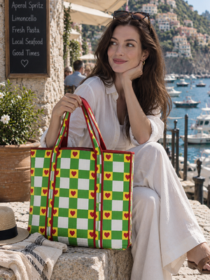 Quilted green checkered shopping tote bag for women