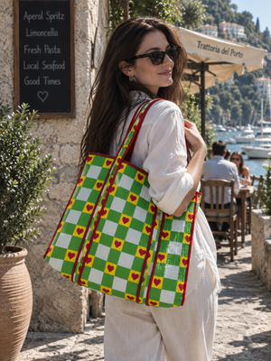 Large quilted cotton shoulder bag with heart design