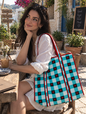Quilted turquoise and white checkered shopping tote bag