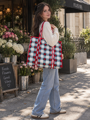 Blue black and white heart print tote bag for women