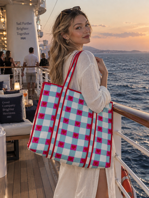 Aqua blue quilted heart print tote bag with checkered pattern