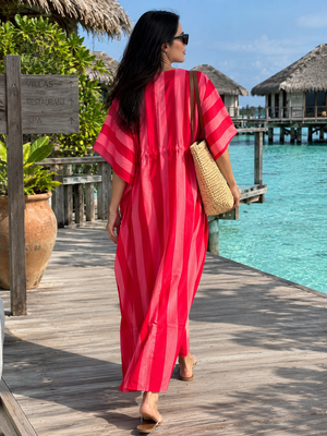 Fuchsia pink cotton maxi kaftan dress with vertical stripes