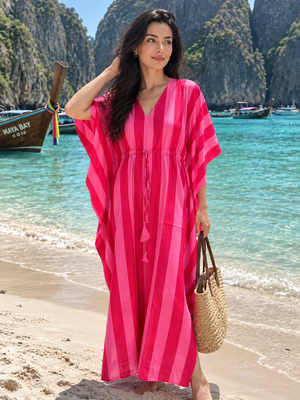 Pink cotton resort kaftan dress with adjustable waist tie