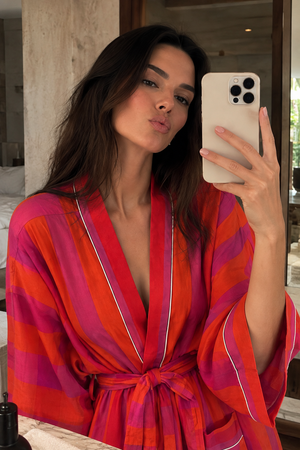 Women's cotton kimono robe with waist belt and pockets