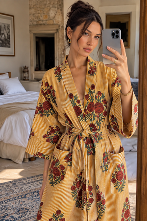 Cotton floral dressing gown with wide kimono sleeves