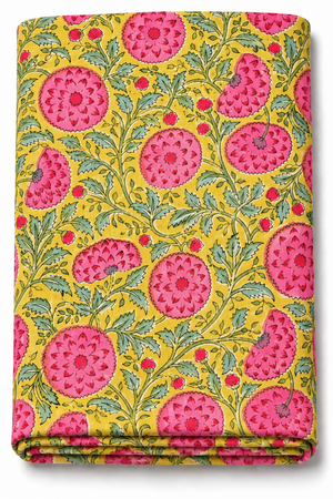 Yellow floral block print cotton fabric by the yard