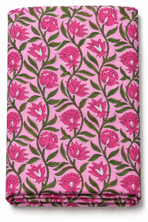 Pink floral block print cotton fabric by the yard