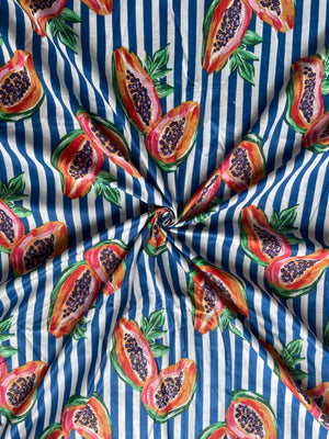 Blue striped fruit print cotton fabric