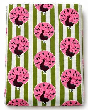 Pink peacock cotton fabric with light olive green and white vertical stripes.