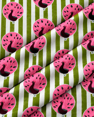 Beautiful pink peacock bird print on light green striped cotton fabric.