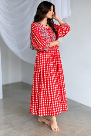 Red gingham dress with floral print cuffs and gathered waist