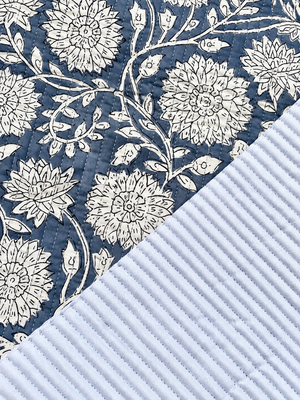 Close-up of charcoal grey quilted fabric with a detailed white floral pattern.
