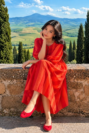 Women's flowing red striped dress with three-quarter sleeves