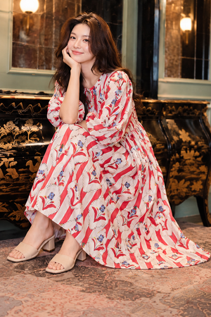 Full length women's floral maxi dress with round neckline