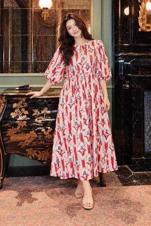 Women's red floral print cotton maxi dress with puff sleeves