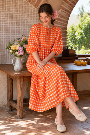 Flowy orange and white checkered summer dress for women