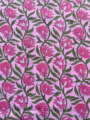 Indian pink floral block print fabric for sewing