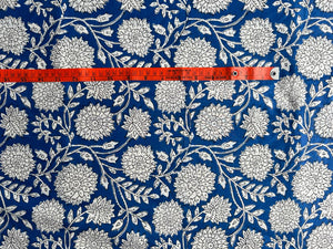 Blue botanical cotton fabric with leafy vines