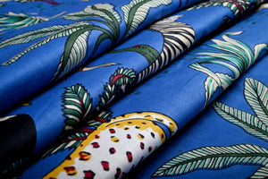 Blue wildlife print fabric for sewing projects