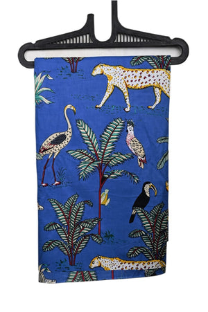 Blue safari fabric with zebra and spotted big cat print