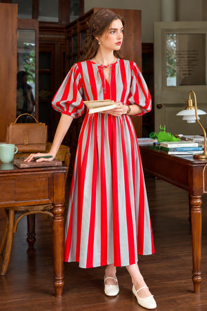 Red and white striped cotton maxi dress for women