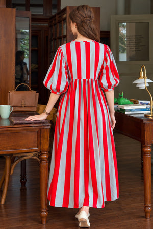 Women's red white striped summer maxi dress