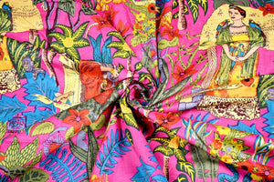 Pink screen printed fabric with botanical and floral motifs