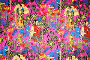 Vibrant magenta tropical printed fabric for sewing projects