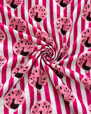 Hot pink and white striped fabric featuring repeating pink peacock motifs.