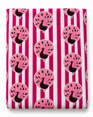 Pink peacock cotton fabric with hot pink and white vertical stripes.