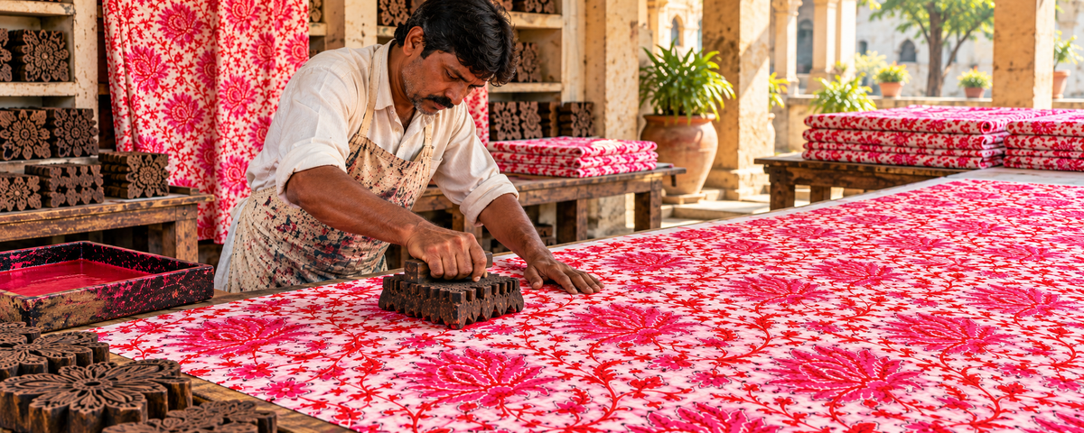 Traditional Jaipur hand block print cotton fabric with floral motifs