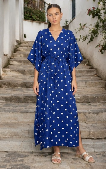 Blue V neck cotton kaftan dress