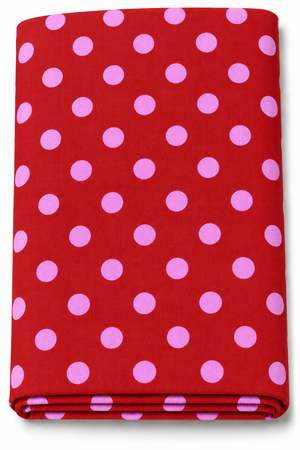 Red fabric with pink polka dots printed textile