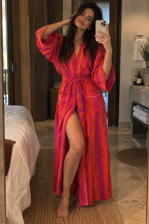 Pink orange kimono robe with wide sleeves and pockets