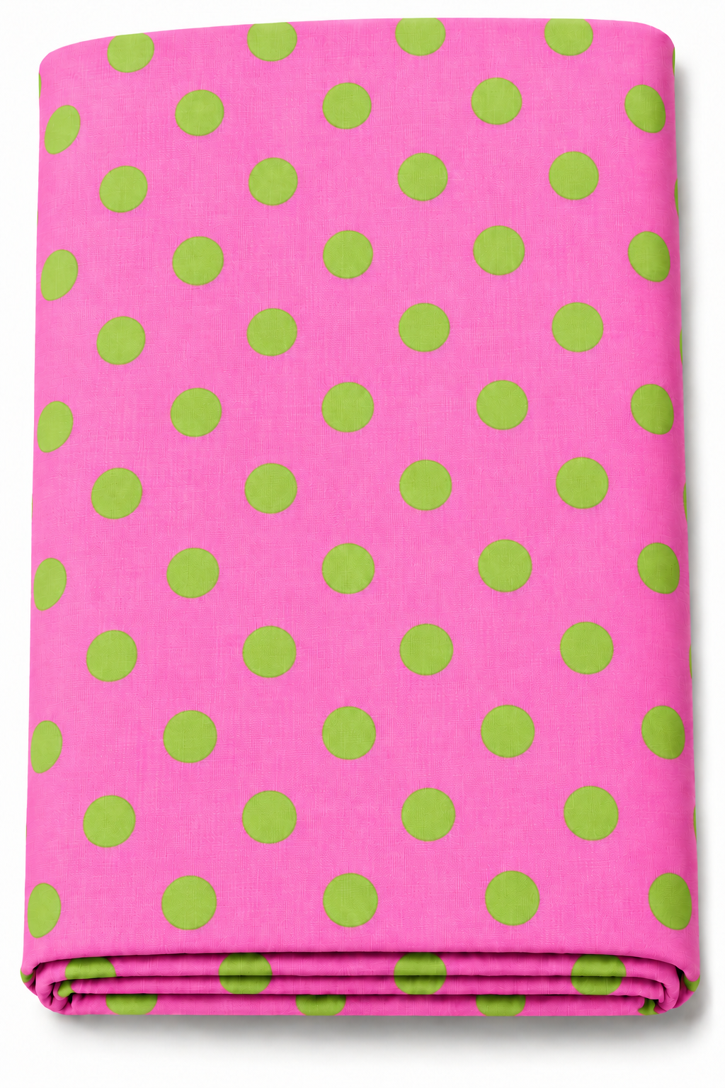 Pink fabric with green polka dots printed textile