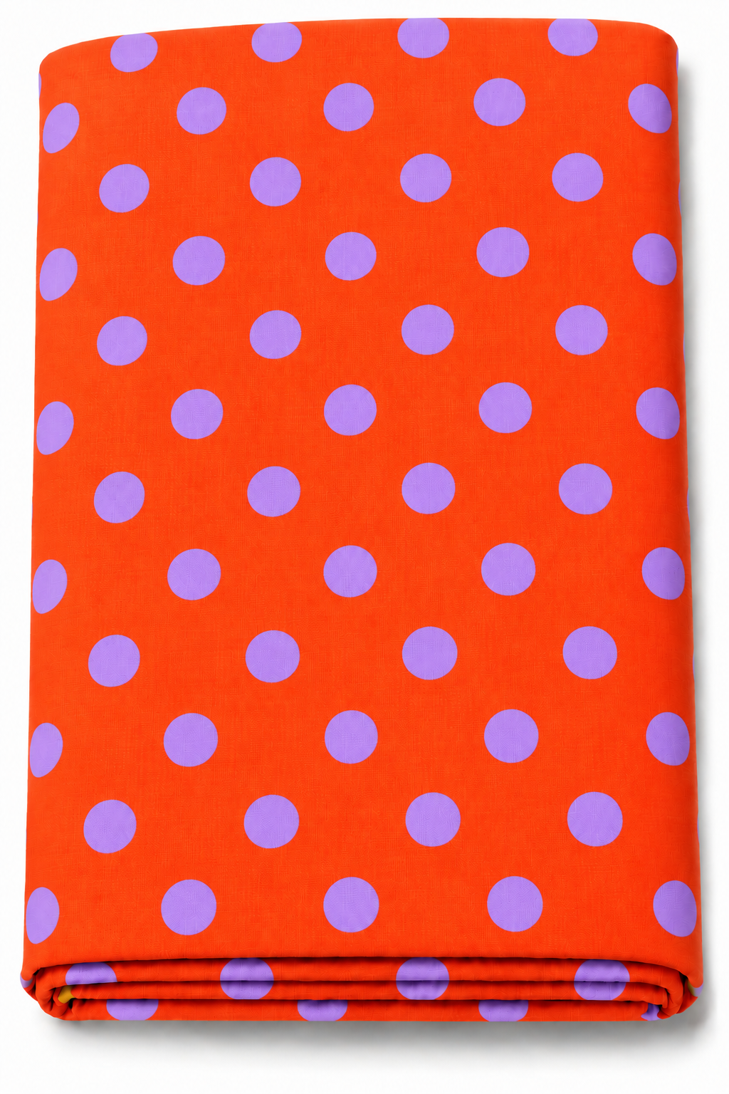 Bright orange fabric with purple polka dots