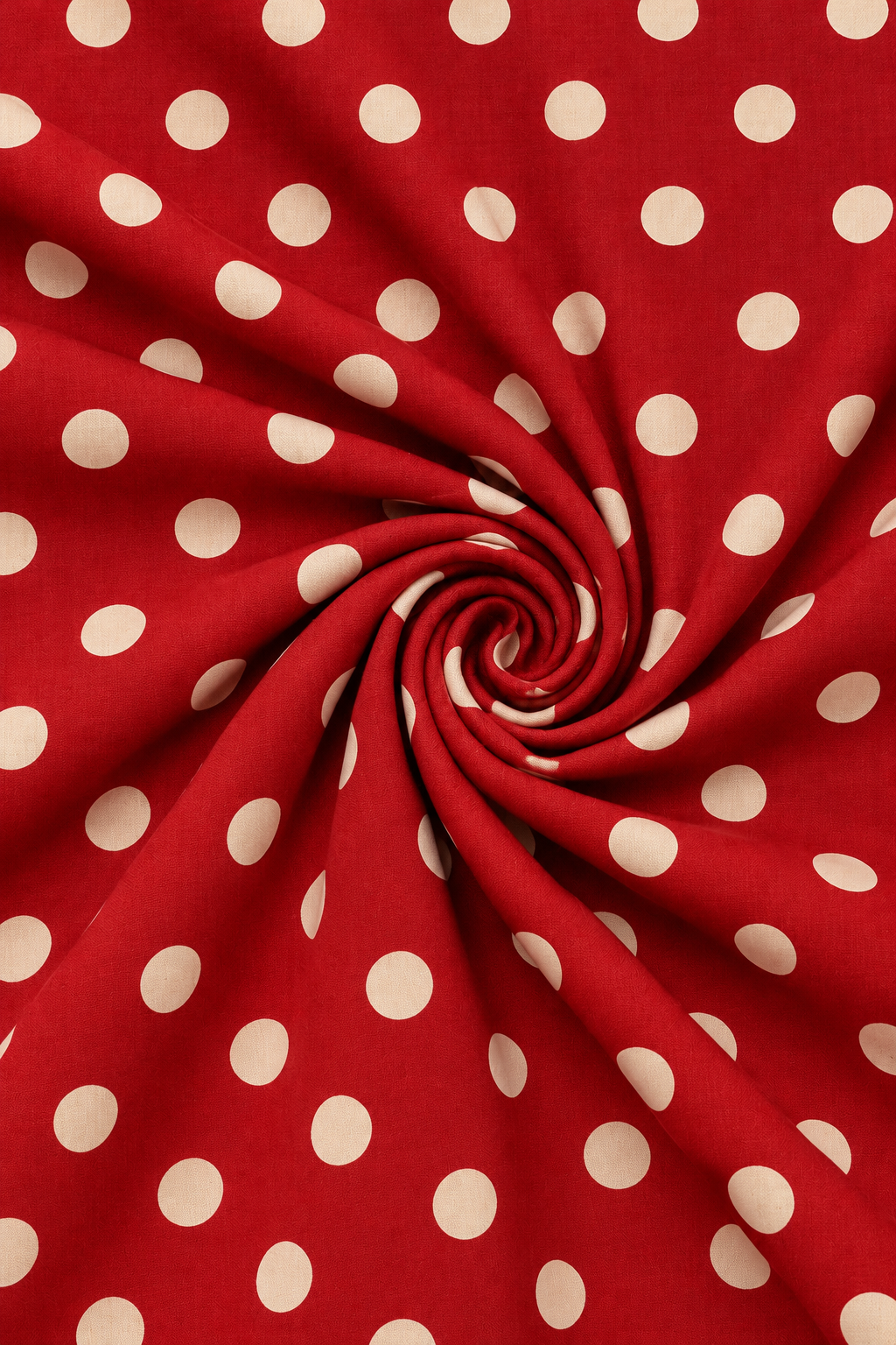 Deep maroon printed fabric featuring evenly spaced cream circular dots