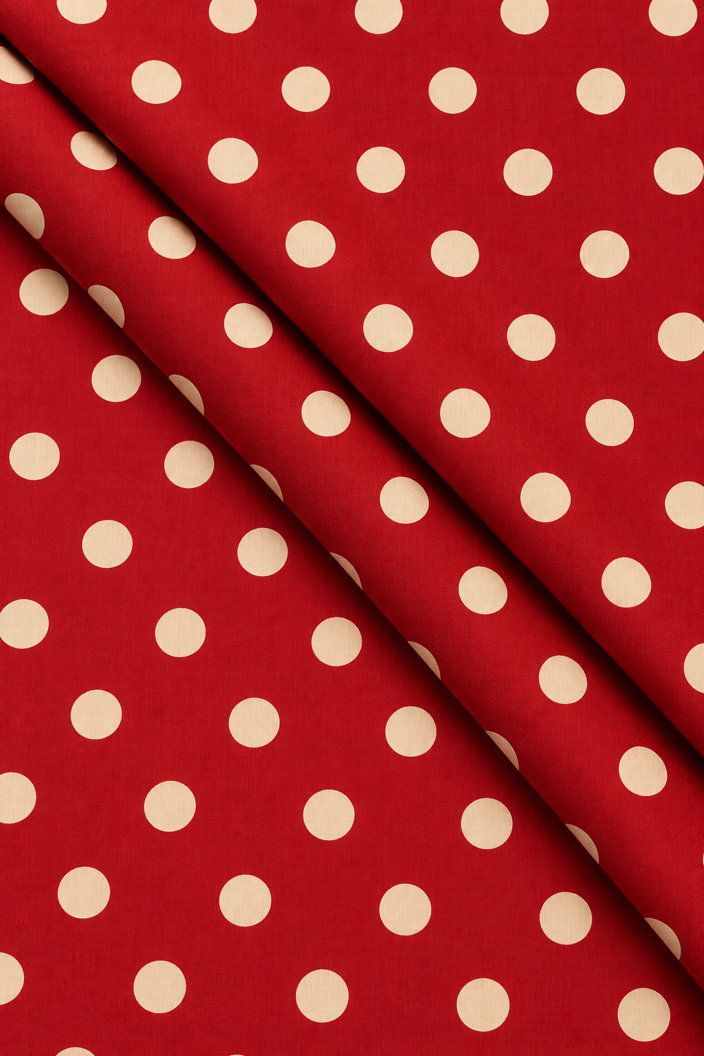 Close-up of cream polka dots on rich maroon dressmaking fabric