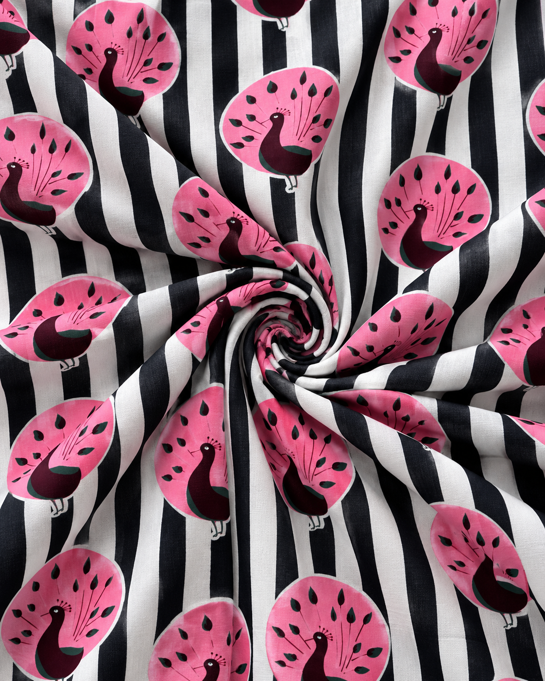Full repeating pink peacock pattern against bold black and white vertical stripes