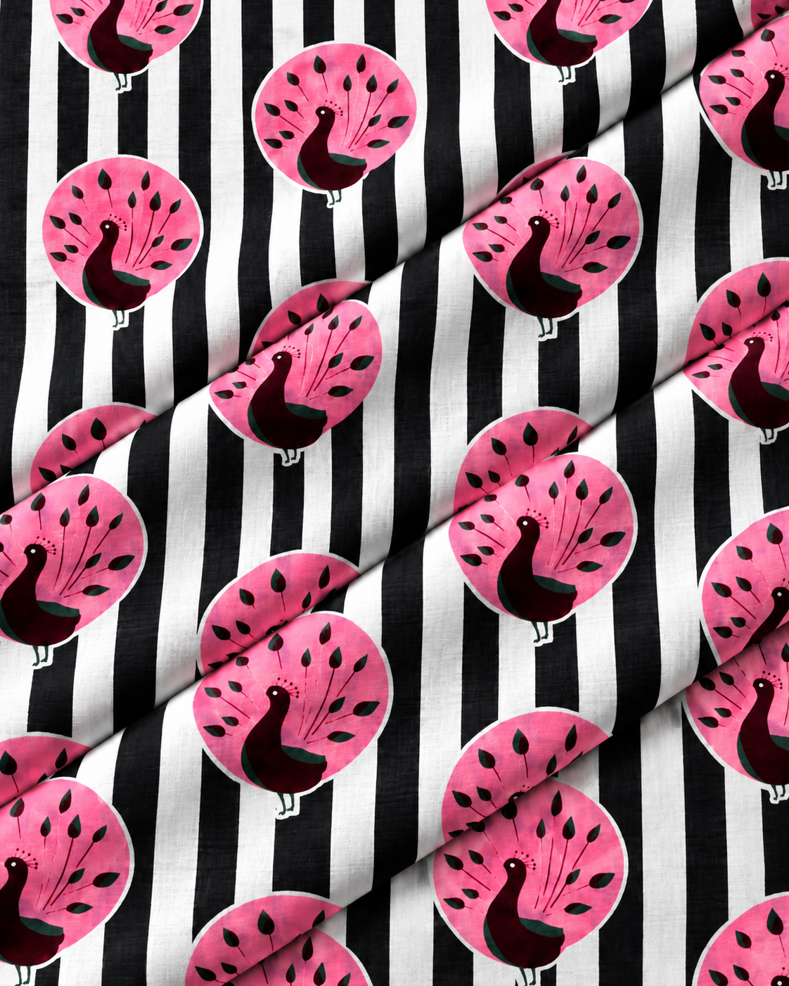 Folded black and white striped fabric featuring colorful pink peacock designs