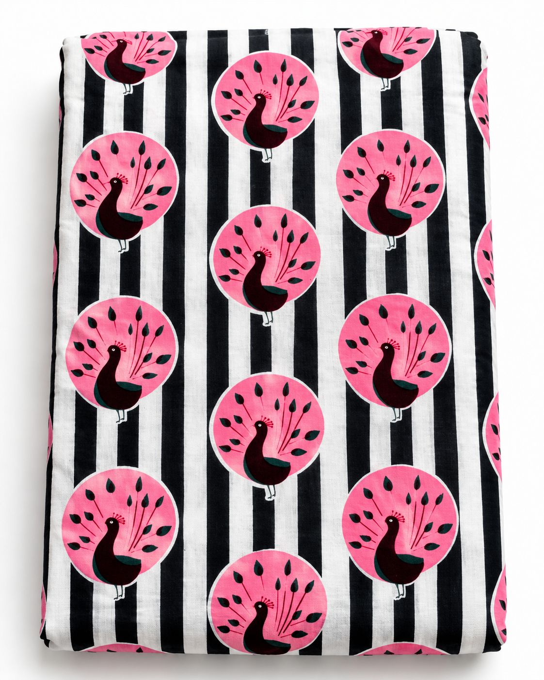 Black and white striped cotton fabric with repeating pink peacock print