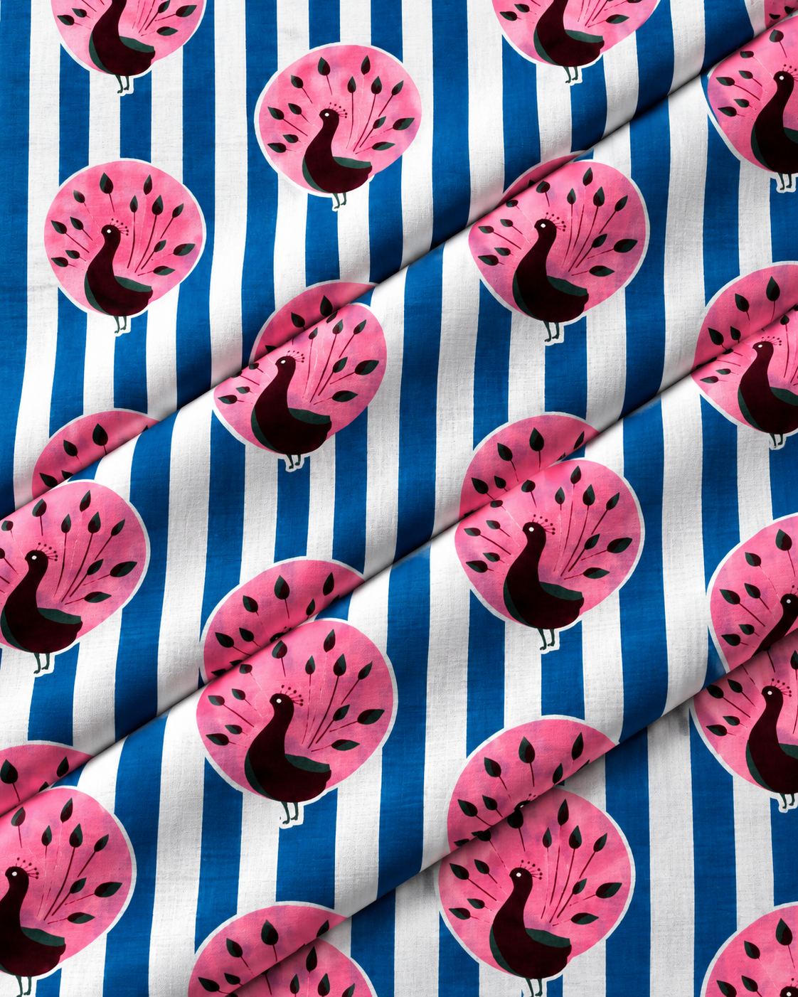 Full repeating pink peacock pattern on blue and white striped cotton fabric
