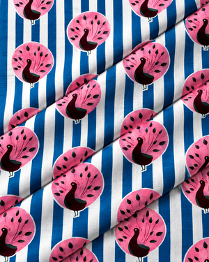 Full repeating pink peacock pattern on blue and white striped cotton fabric
