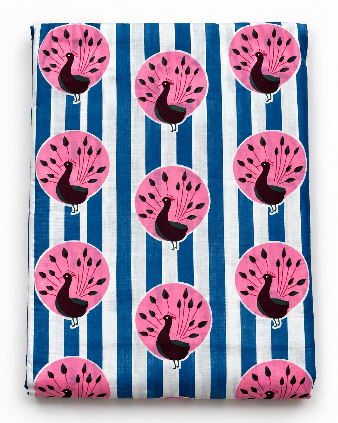 Blue and white striped cotton fabric with repeating pink peacock print