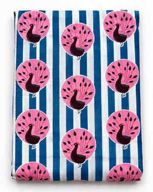 Blue and white striped cotton fabric with repeating pink peacock print