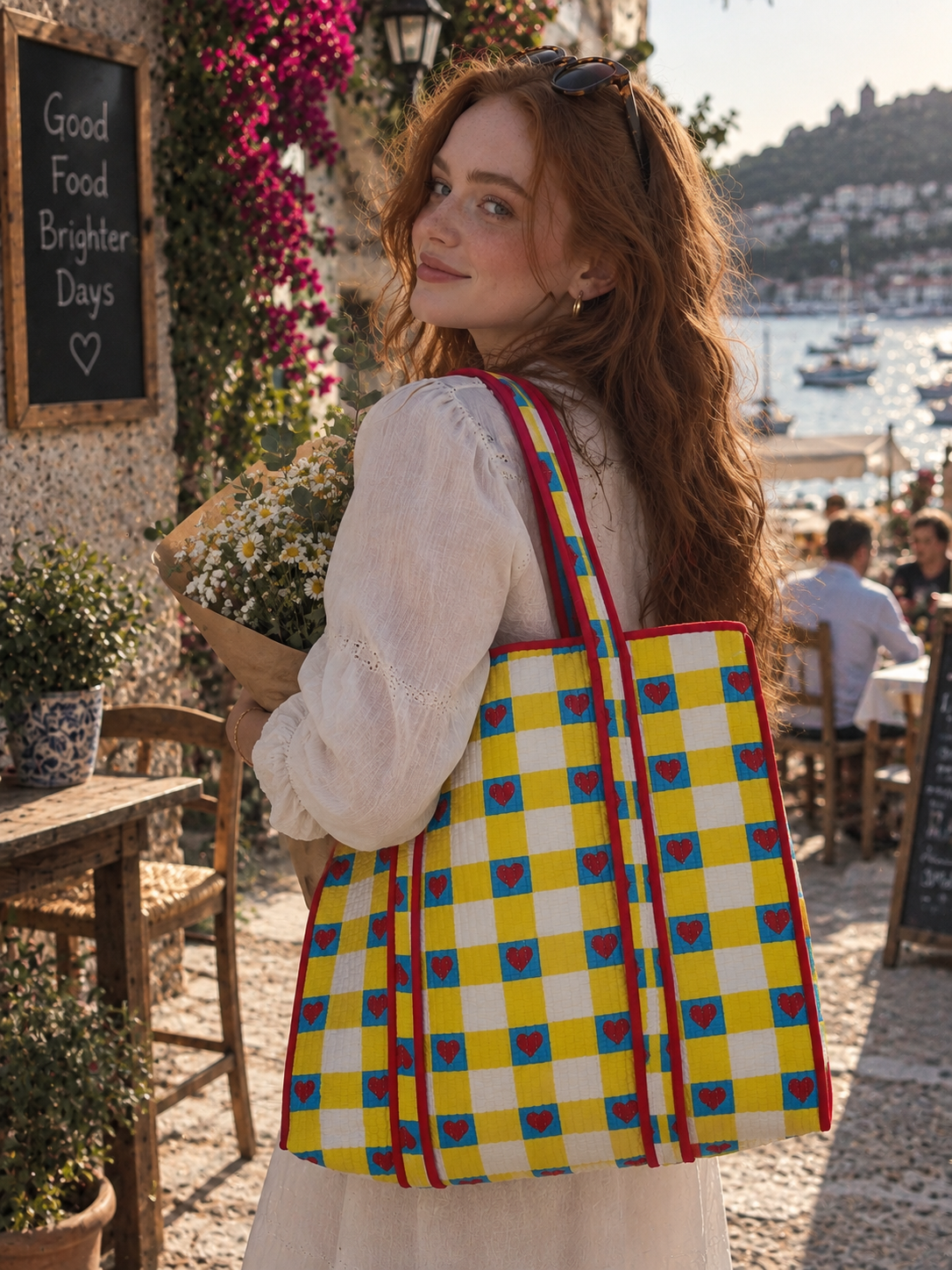 Large quilted cotton shoulder bag with colorful pattern