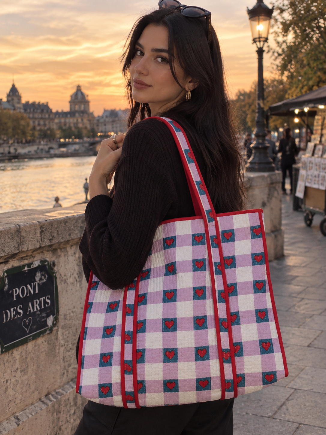 quilted heart print tote bag with checkered pattern