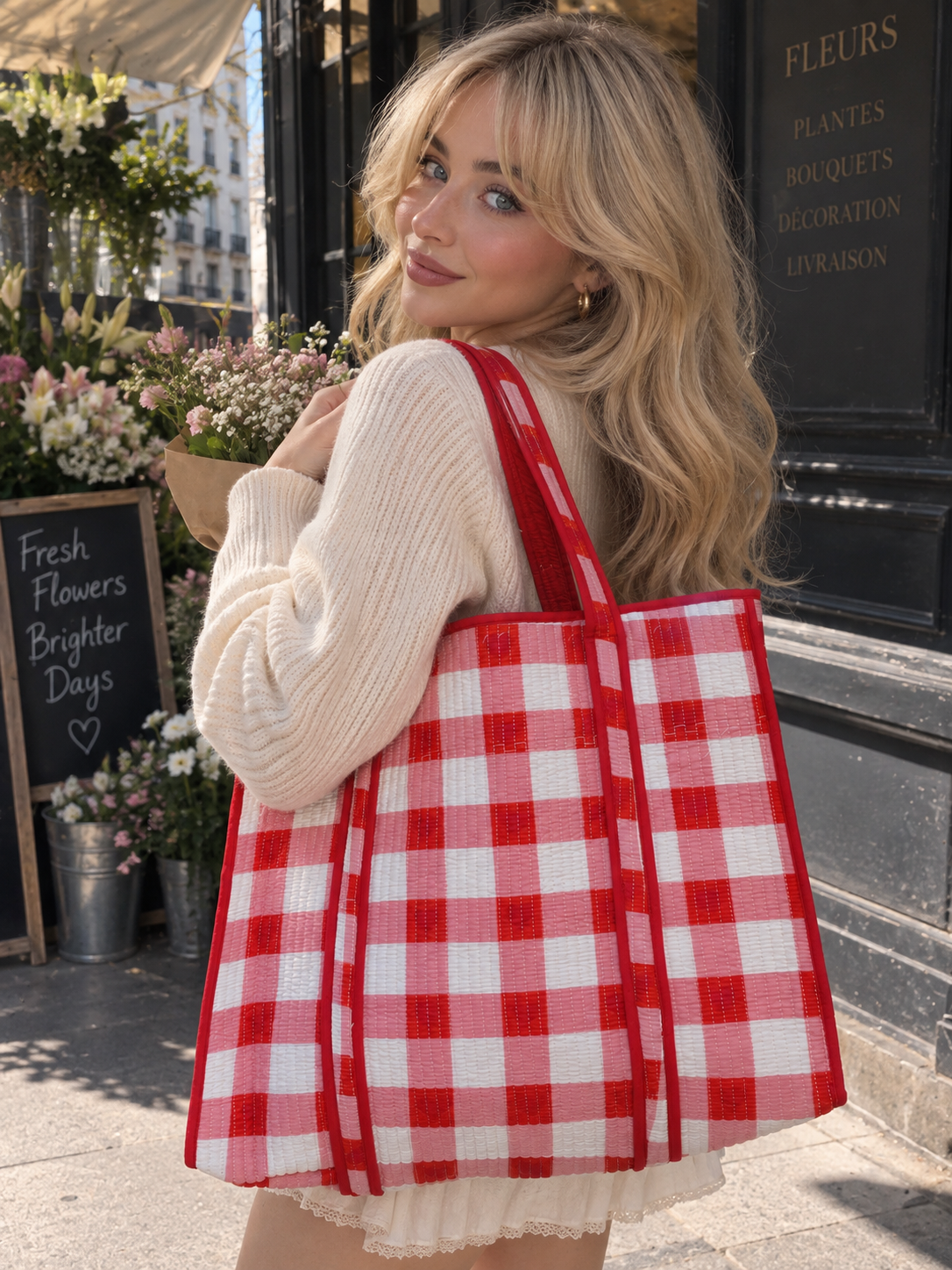 Quilted gingham-inspired red tote bag for everyday use