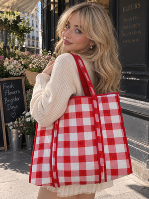 Quilted gingham-inspired red tote bag for everyday use